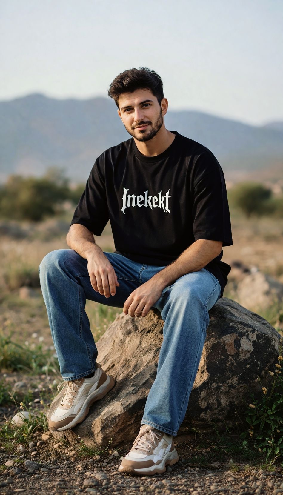 Ultra-realistic 8K portrait of a young man sitting on a natural rock in an outdo — Google Gemini AI Prompt
