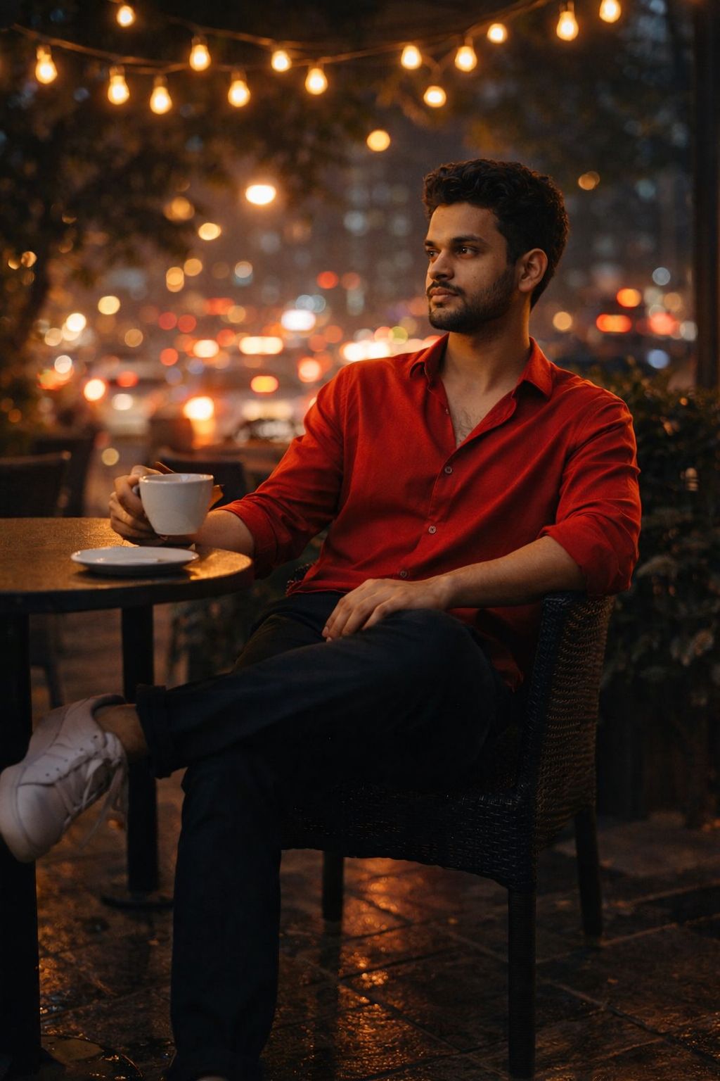 Ultra-realistic 8K cinematic portrait of a young man sitting at an outdoor café at night, warm hangi