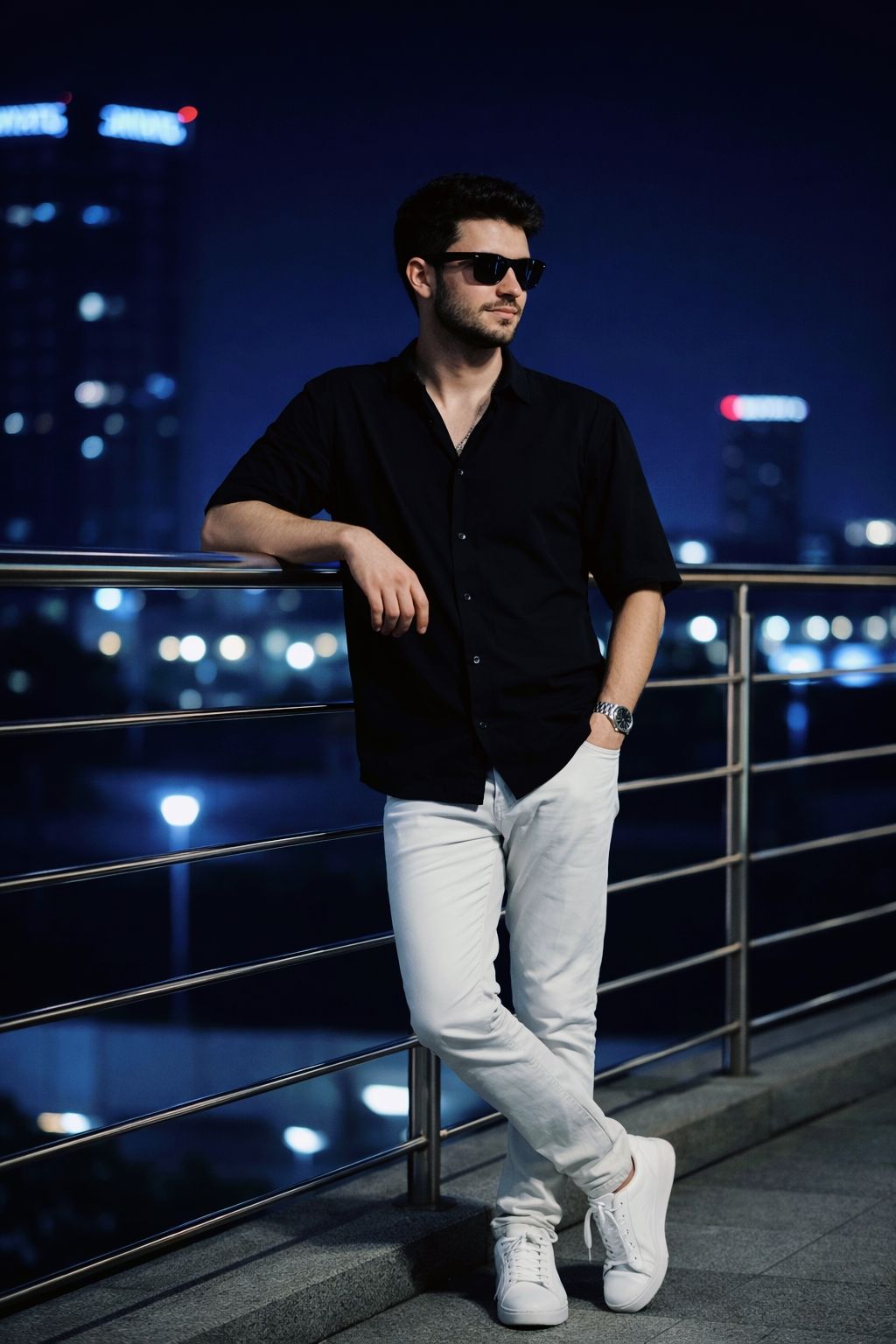 Ultra-realistic 8K cinematic full-body portrait of a young man standing on a modern city walkway at 