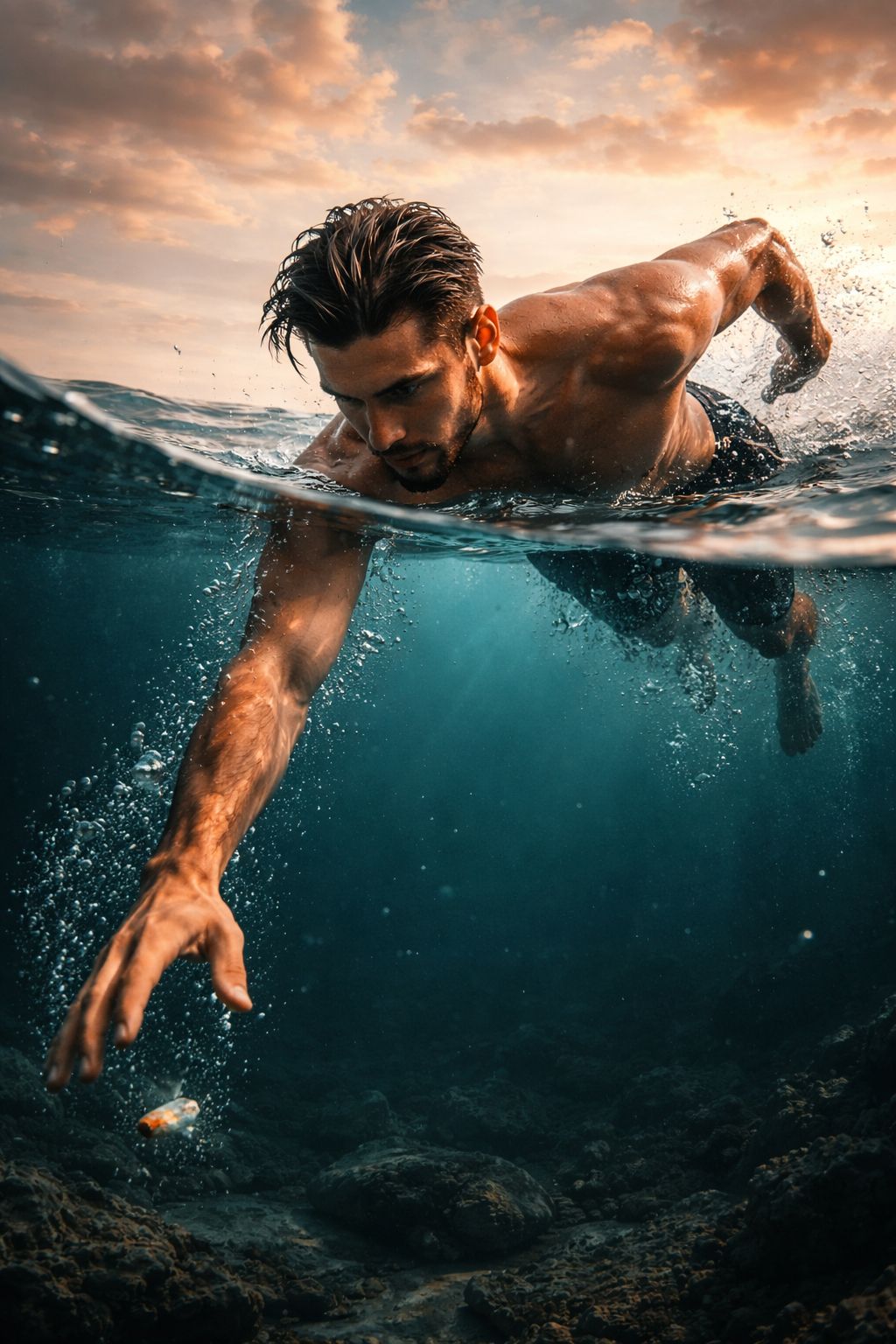 Ultra-realistic 8K split-water cinematic shot of a young man diving forward into the ocean, STRICT p