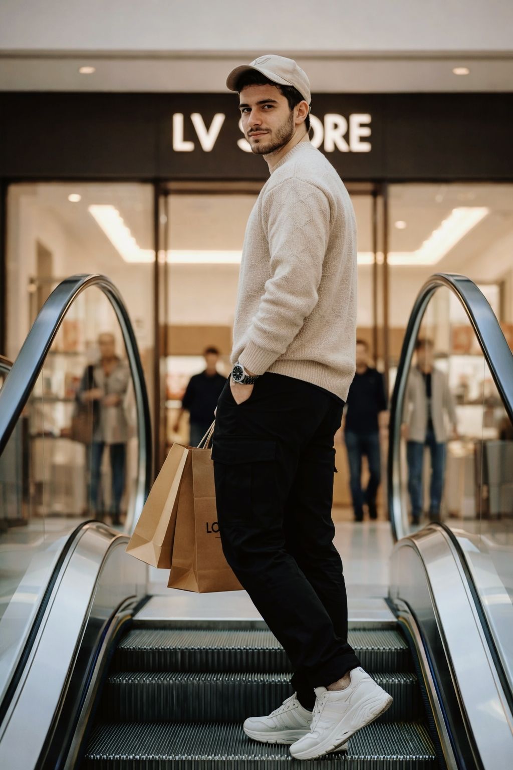 Ultra-realistic 8K cinematic fashion portrait of a young man standing on an escalator inside a luxur