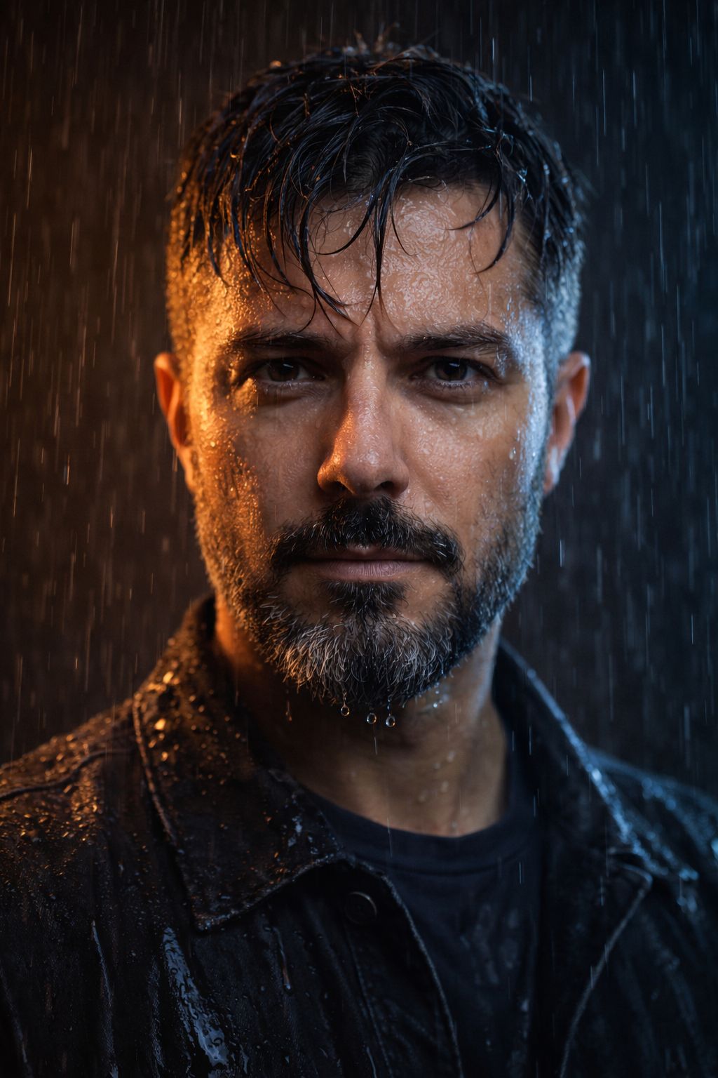 Ultra-realistic 8K cinematic close-up portrait of a man in rain, STRICT facial consistency with refe