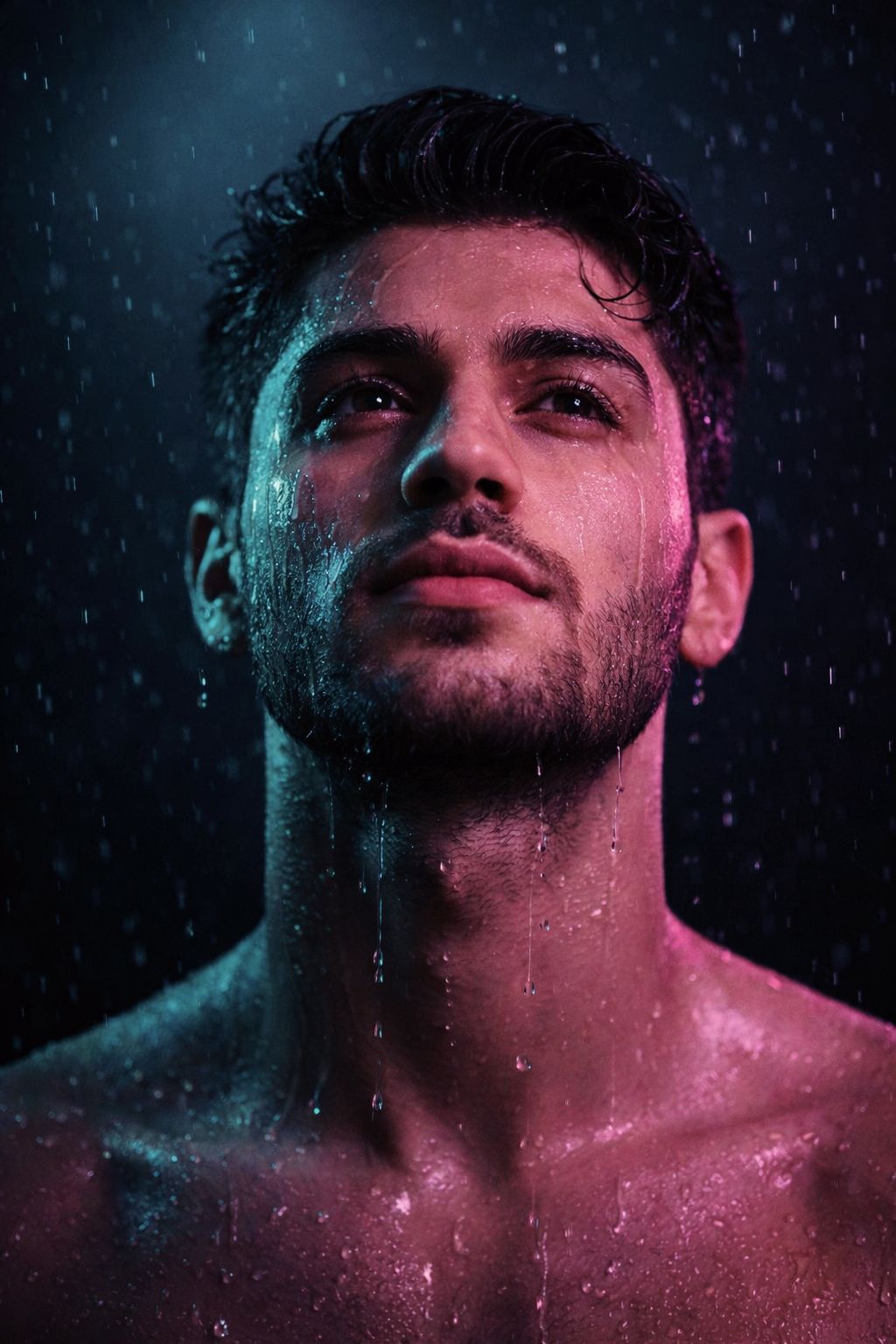 Ultra-realistic 8K cinematic close-up portrait of a young man, STRICT pose: head slightly tilted upw