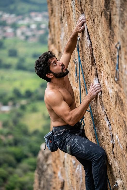Ultra-realistic cinematic photo of a young male rock climber scaling a steep cliff face outdoors.
H