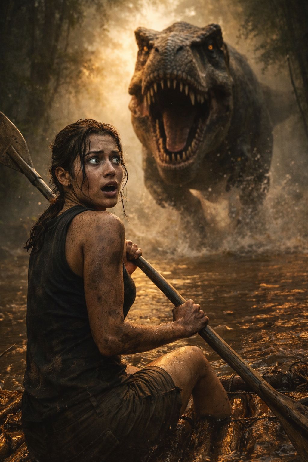 Ultra-realistic 8K cinematic jungle survival scene, a young woman sitting on a small wooden raft in 