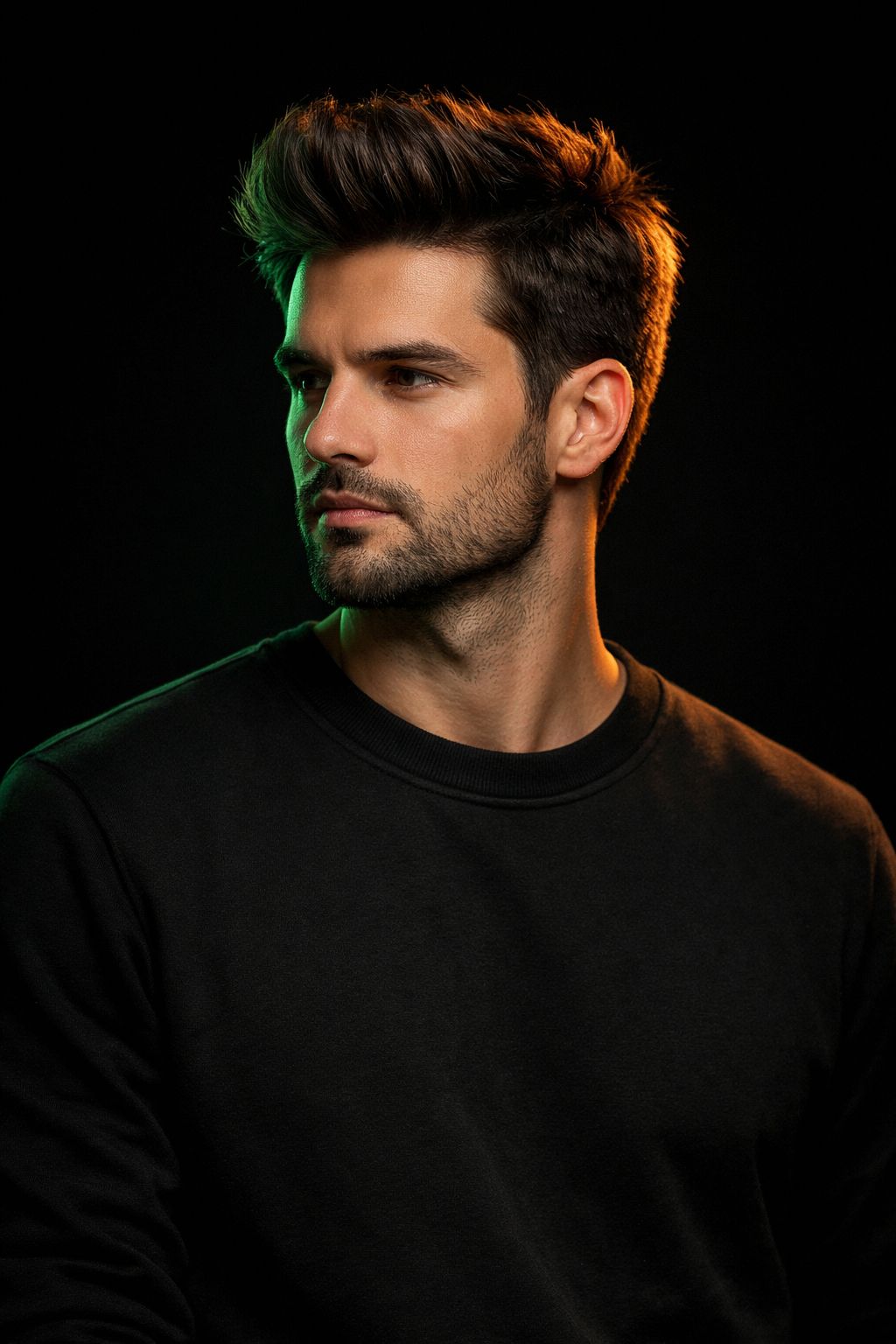 Ultra-realistic 8K portrait of a young man, STRICT pose: upper body angled slightly sideways, should