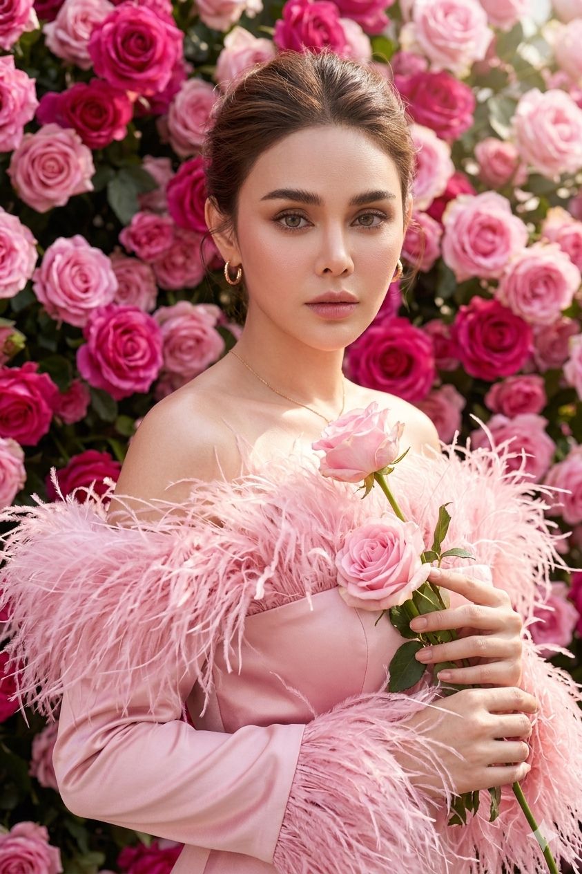 A high-fashion editorial portrait of a stunning woman with wavy brunette hair, posing against a dens