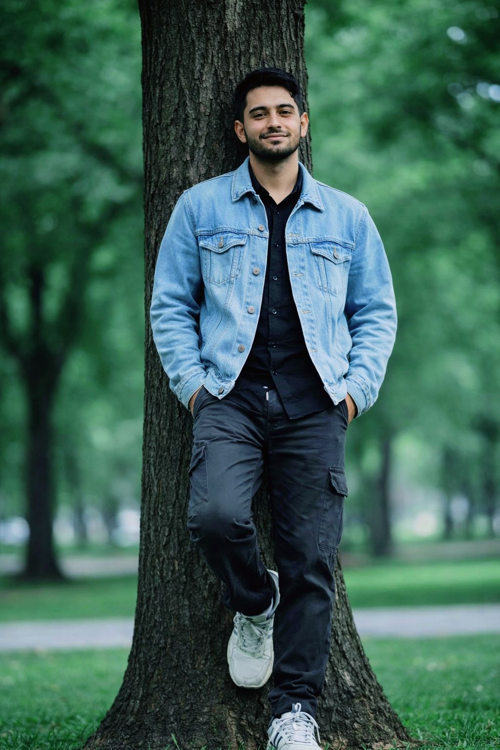 Ultra-realistic 8K full-body portrait of a young man leaning against a tree in a park, STRICT pose m