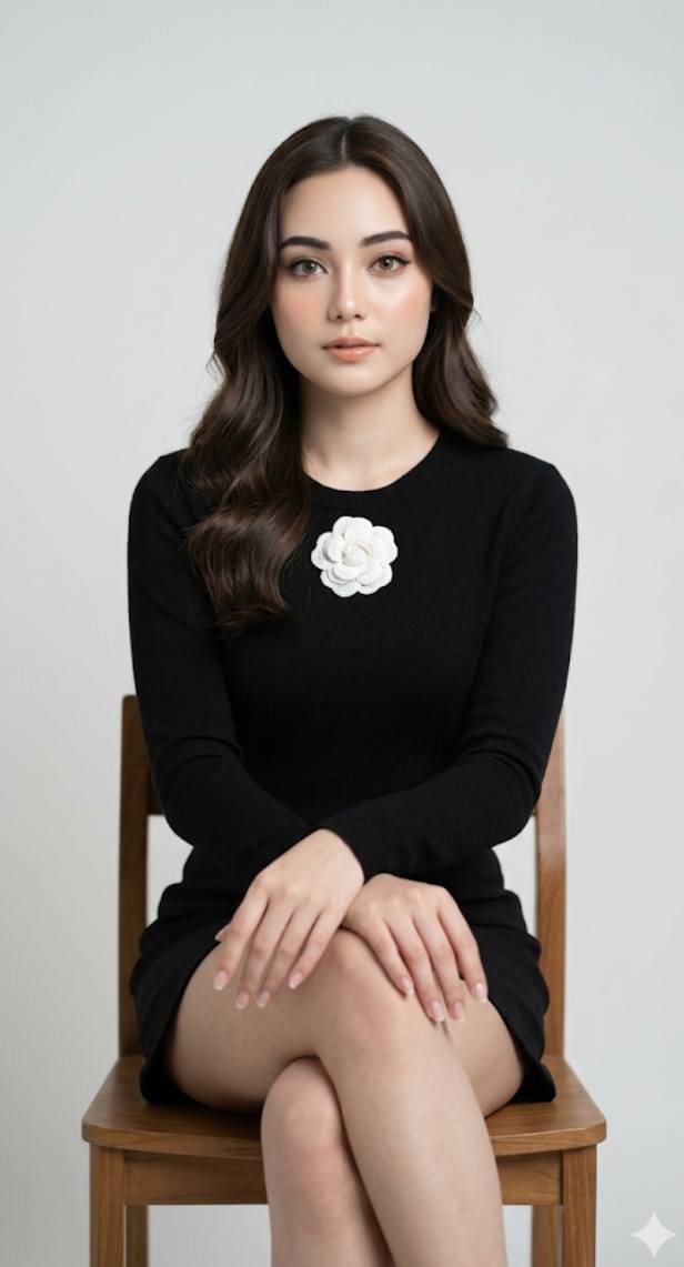 A hyper-realistic studio portrait of a young woman sitting on a simple chair, facing forward with a 