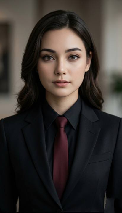 Ultra-realistic cinematic portrait of a person in a formal outfit, medium close-up framing (from che