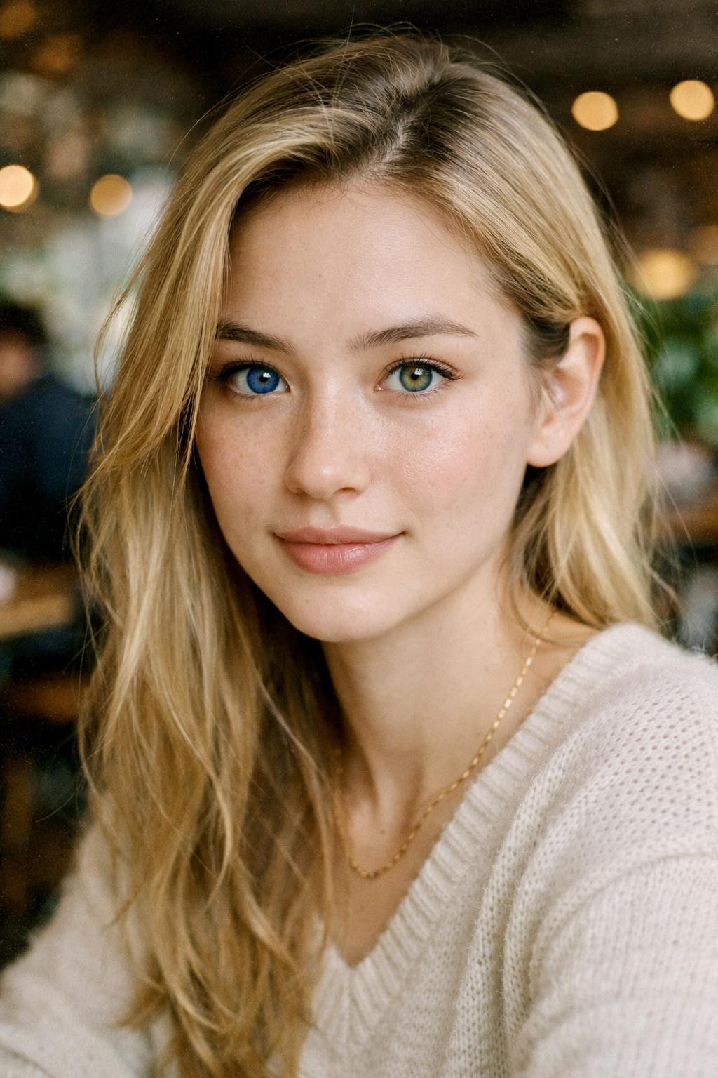 A candid, close-up photograph of a striking 22-year-old Eurasian woman, captured with natural, soft 