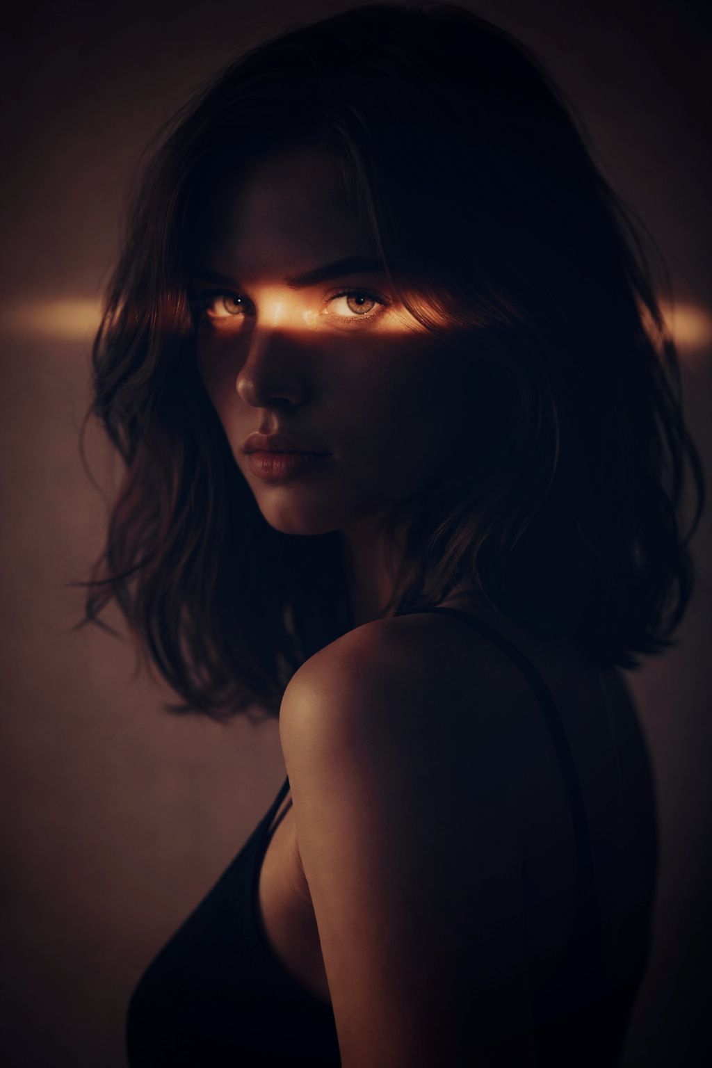 Ultra-realistic cinematic portrait of a young woman, STRICT pose: upper body turned slightly sideway