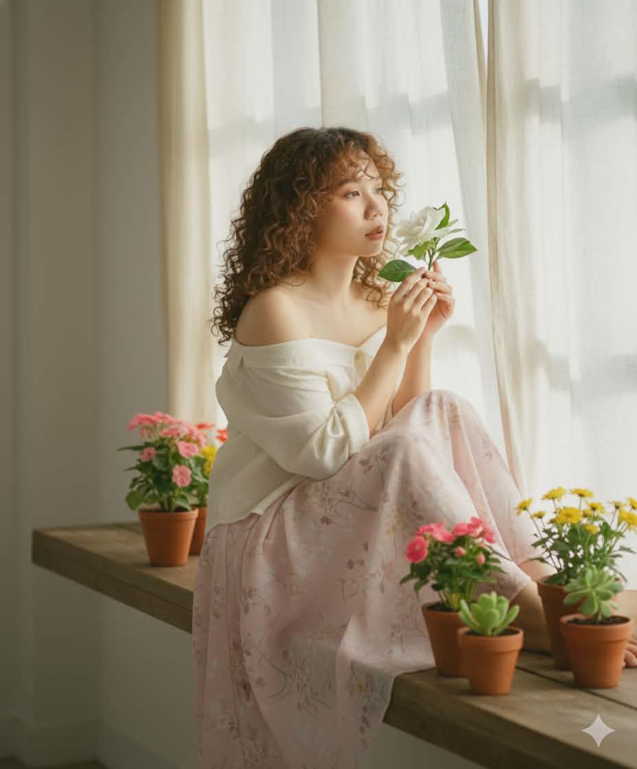 A young woman with loose brown curls, sitting on a wide windowsill surrounded by a few small potted 