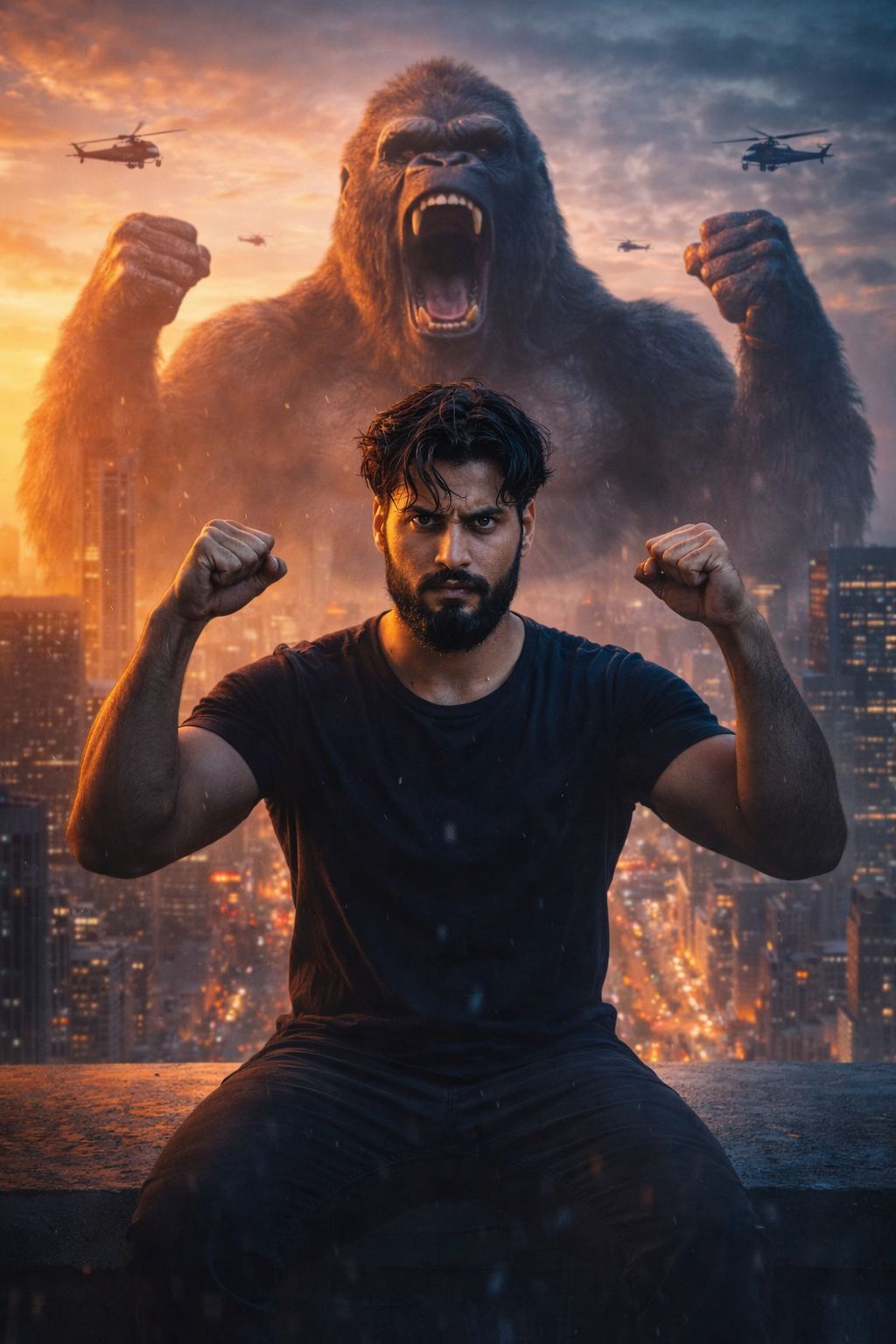 Ultra-realistic 8K cinematic scene of a man sitting on the edge of a rooftop in a modern city at sun