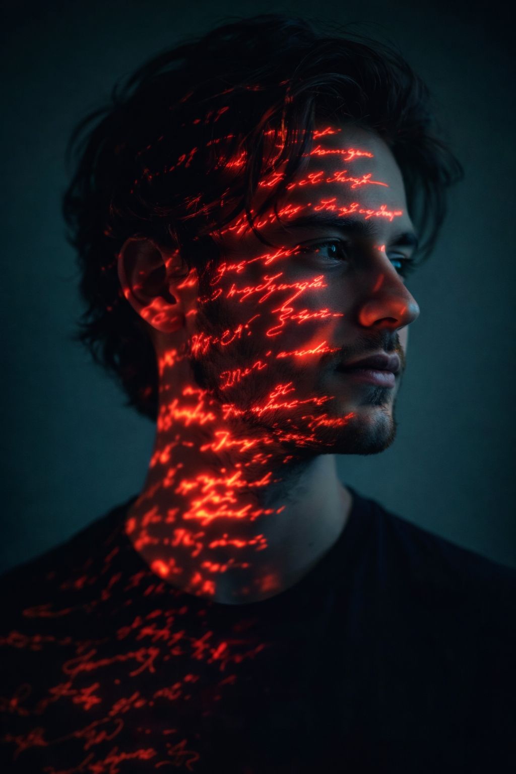 Ultra-realistic 8K cinematic close-up portrait of a young man, STRICT pose: side profile facing righ