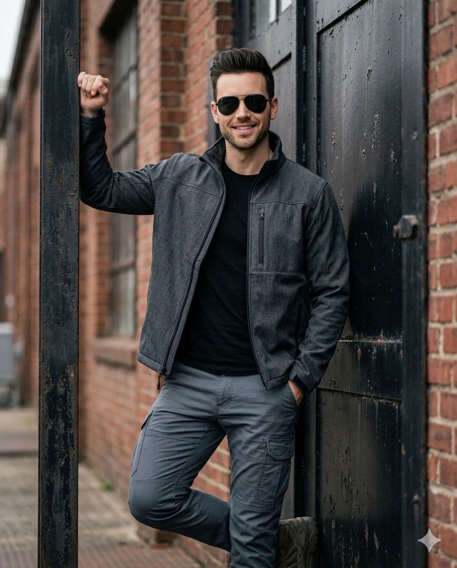 Hyper-realistic medium shot of a stylish man standing in an industrial doorway. He is wearing a prem