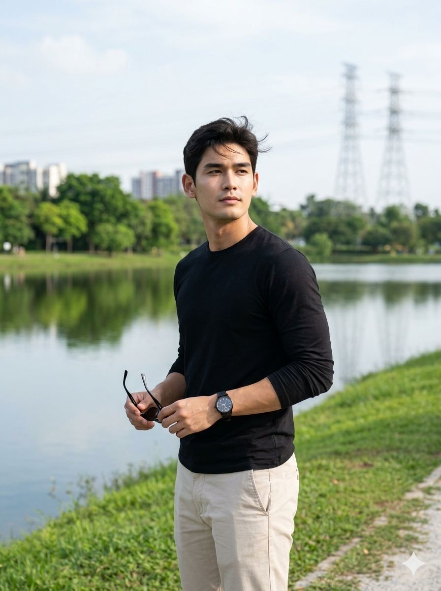 A young man (facial detail 100% matches with the reference photo) standing on a grassy lakeside area