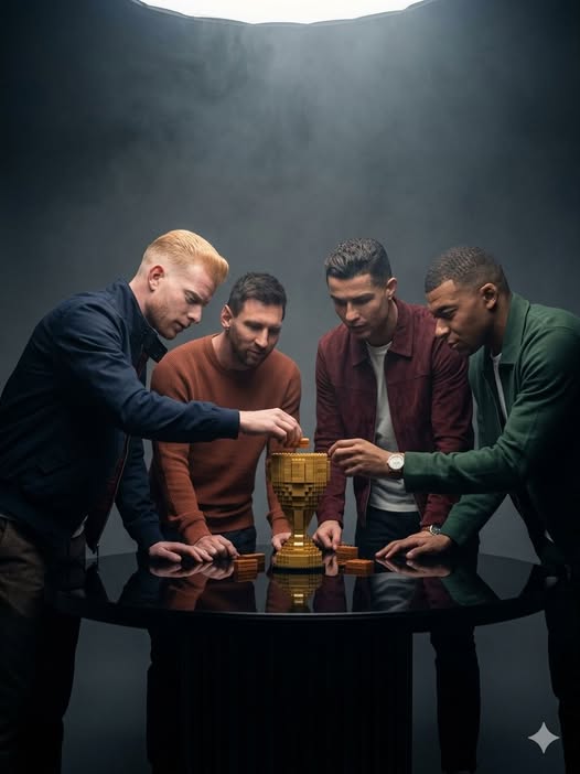 A wide-angle, cinematic fashion editorial shot. Four men are gathered around a dark, reflective circ