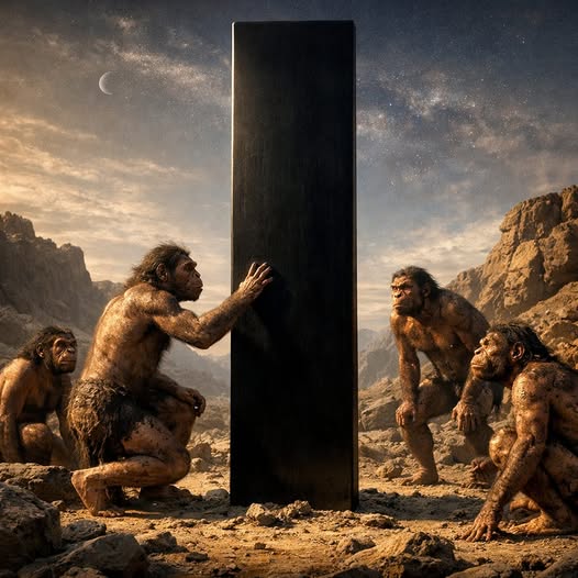 A prehistoric landscape, four early hominids gathered around a mysterious tall black monolith standi