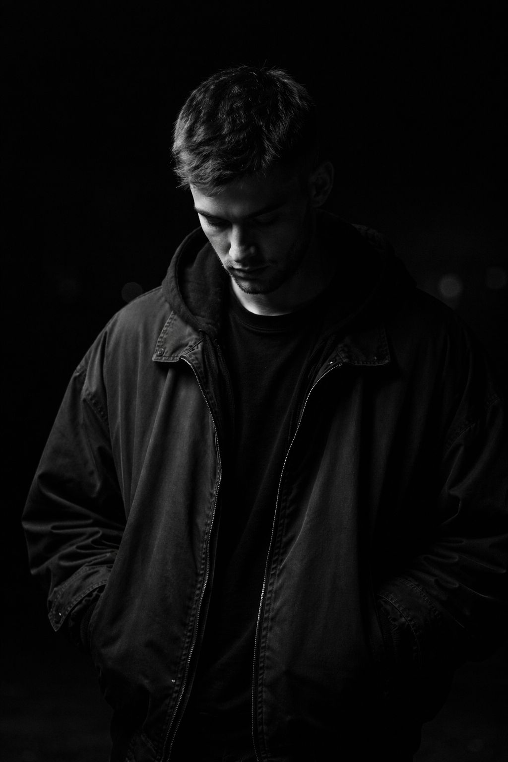 Ultra-realistic 8K cinematic black-and-white portrait of a young man, STRICT pose: standing still wi