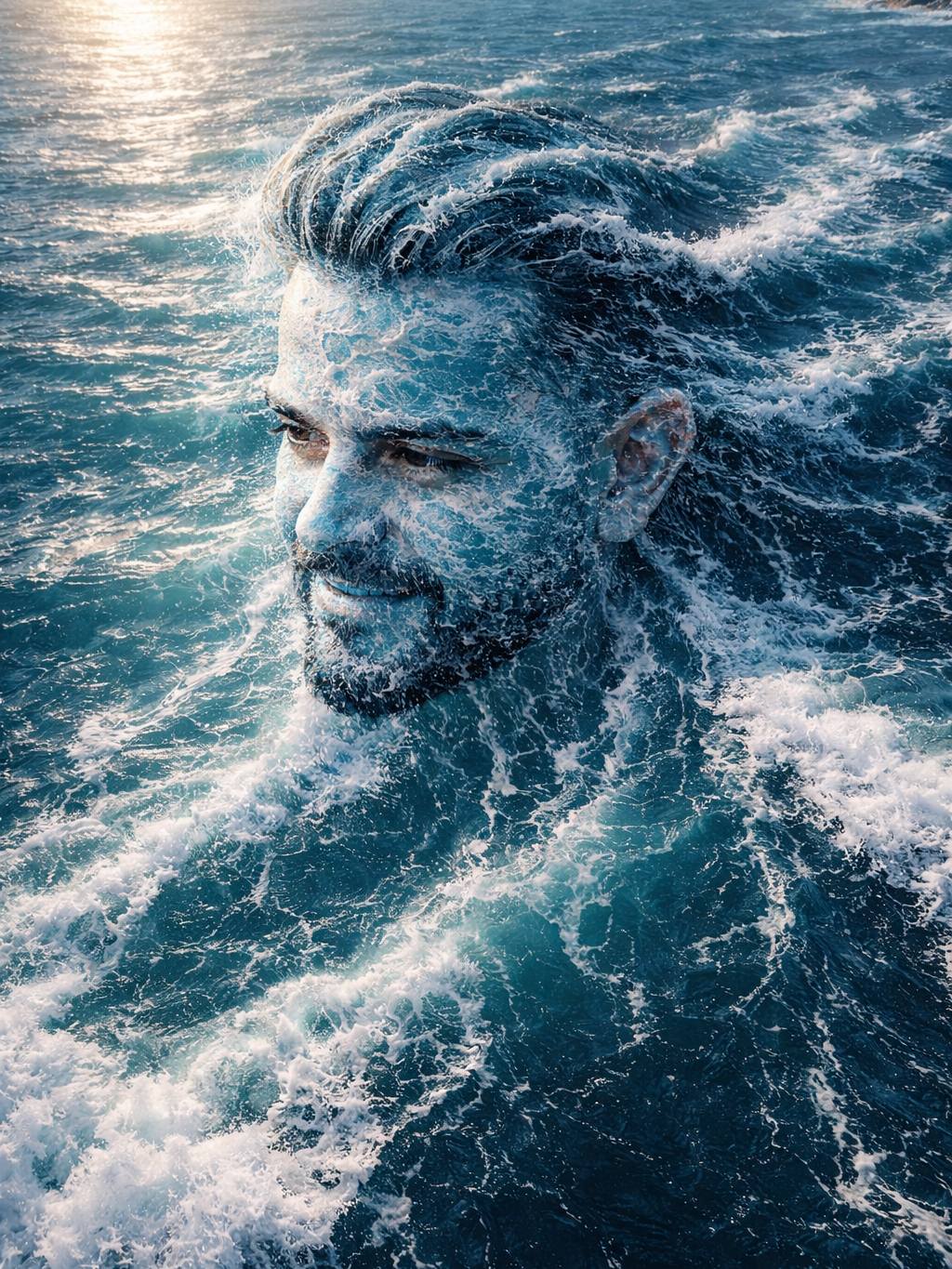 A high-resolution, aerial (drone) photograph looking down upon the vast, sunlit ocean. The face of t