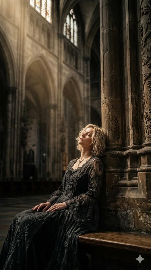 A cinematic, hyper-realistic medium shot of a blonde woman with short, wavy hair, leaning against a 