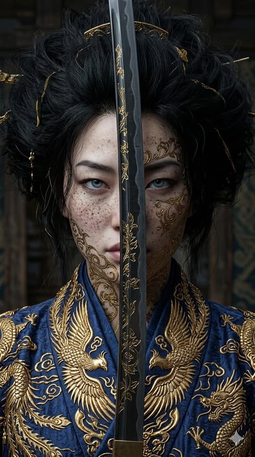 A hyper-realistic, extreme close-up portrait of an East Asian warrior woman, split down the middle b