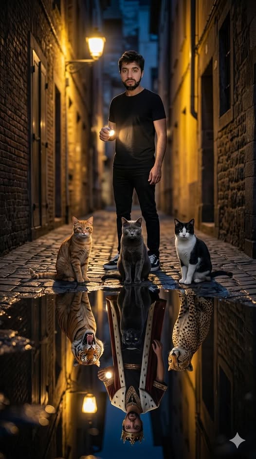 Sebuah adegan gang sempit sinematik di malam hari, tiga kucing domestik duduk di atas jalan basah — 