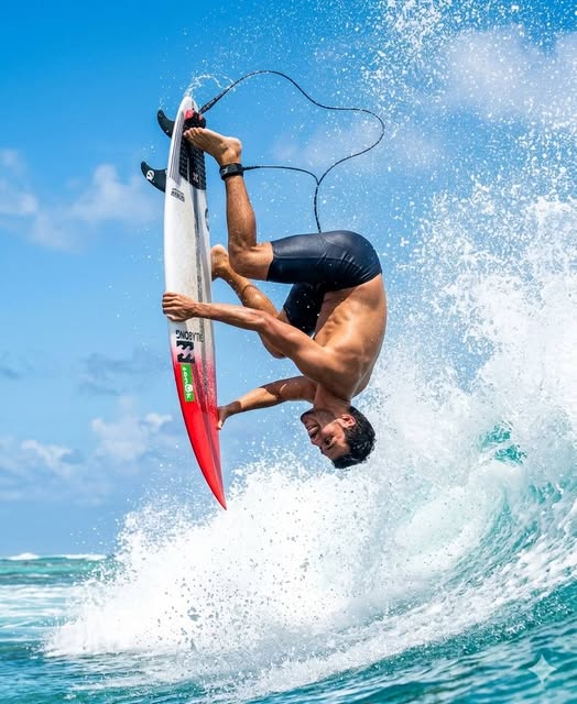 The subject is a man with athletic build. He is wearing dark-colored, form-fitting boardshorts. A bl