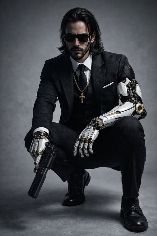 A hyper-realistic cyberpunk assassin kneeling in a dramatic pose, wearing a black tailored suit with