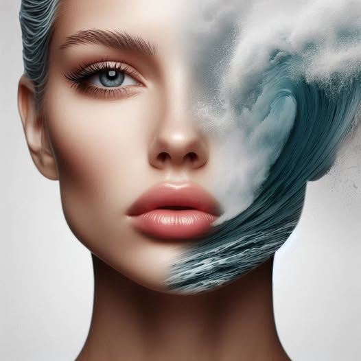 Double‑exposure portrait. A close‑up of the lower half of a human face, showing the lips and nose cl