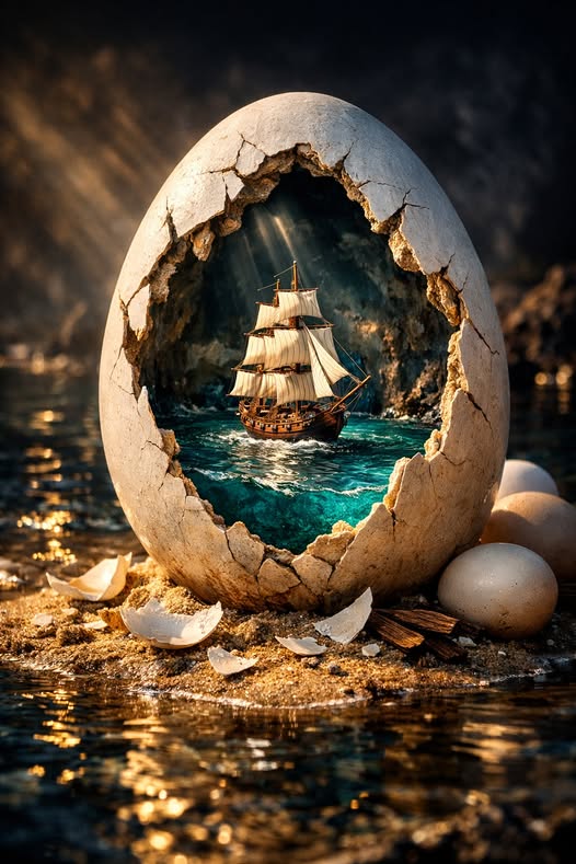 A surreal, hyper-detailed fantasy scene featuring a large cracked white egg standing upright on a sa