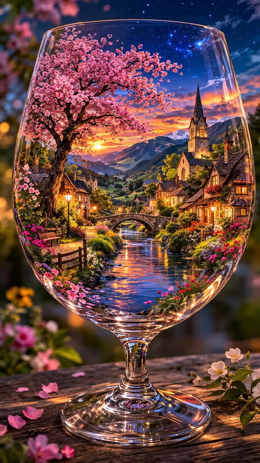 Ultra-realistic surreal fantasy scene of a large transparent wine glass placed on a rustic wooden su