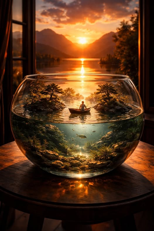 Ultra-realistic surreal fantasy scene of a transparent glass bowl placed on a round wooden table nea