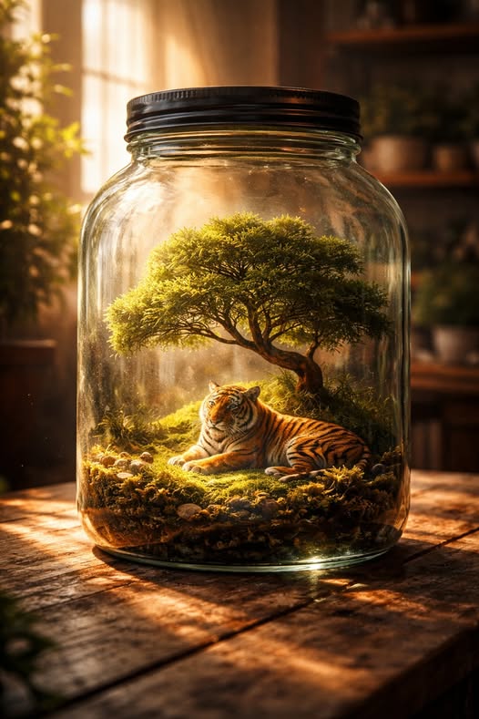 Ultra-realistic surreal fantasy scene of a transparent glass jar with a dark metal lid placed on a r