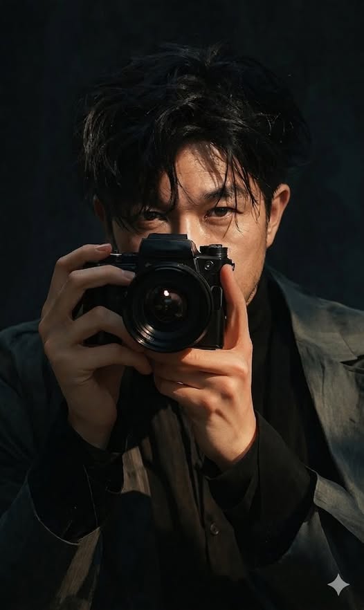 A realistic cinematic portrait of an Asian man in his early 30s, holding a professional camera up to