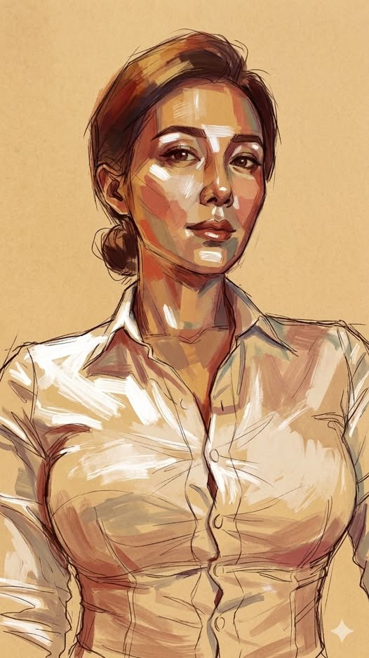 Expressive semi-realistic portrait painting blended with loose sketch drawing, combining painterly b