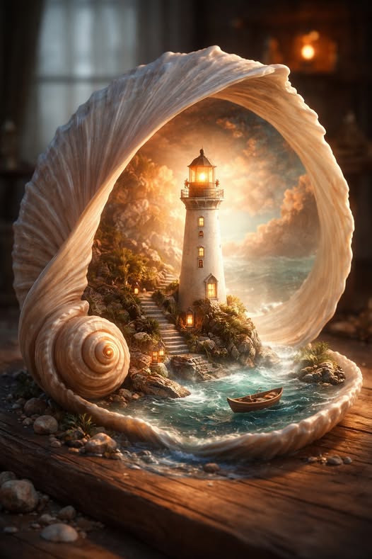 A surreal, hyper-detailed fantasy scene featuring a glowing lighthouse nestled inside the curved int