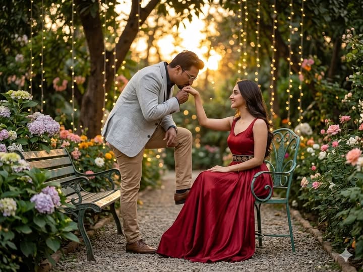 A romantic pre-wedding outdoor photoshoot of a couple in a lush green garden at golden hour. The man