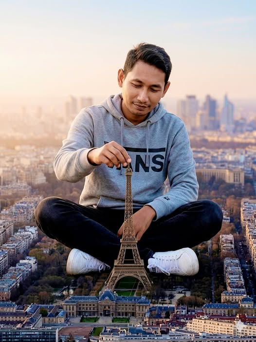 A hyper-realistic, wide-angle cinematic photograph depicting a handsome, giant m — Google Gemini AI Prompt