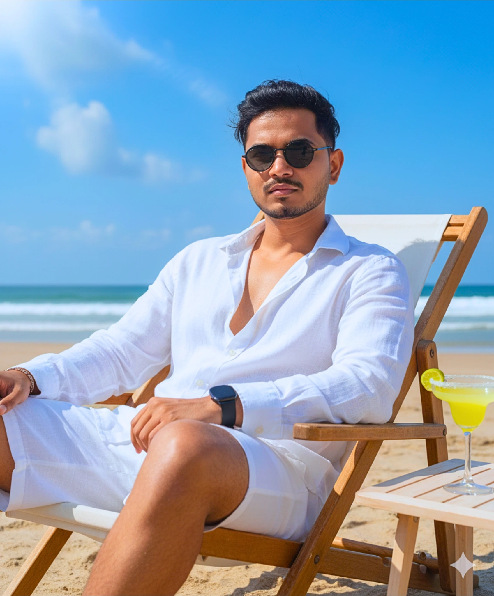 A Model in Ultra-realistic 8k Close-up Editorial Fashion, [Model Wearing a white beach Outfit and us