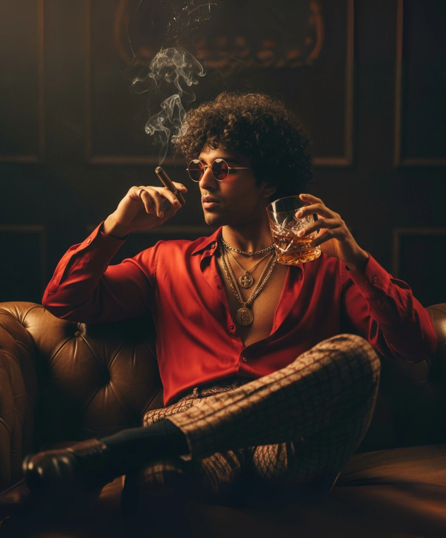 A cinematic low-light portrait of a stylish young South Asian man with curly hair, lounging on a vin