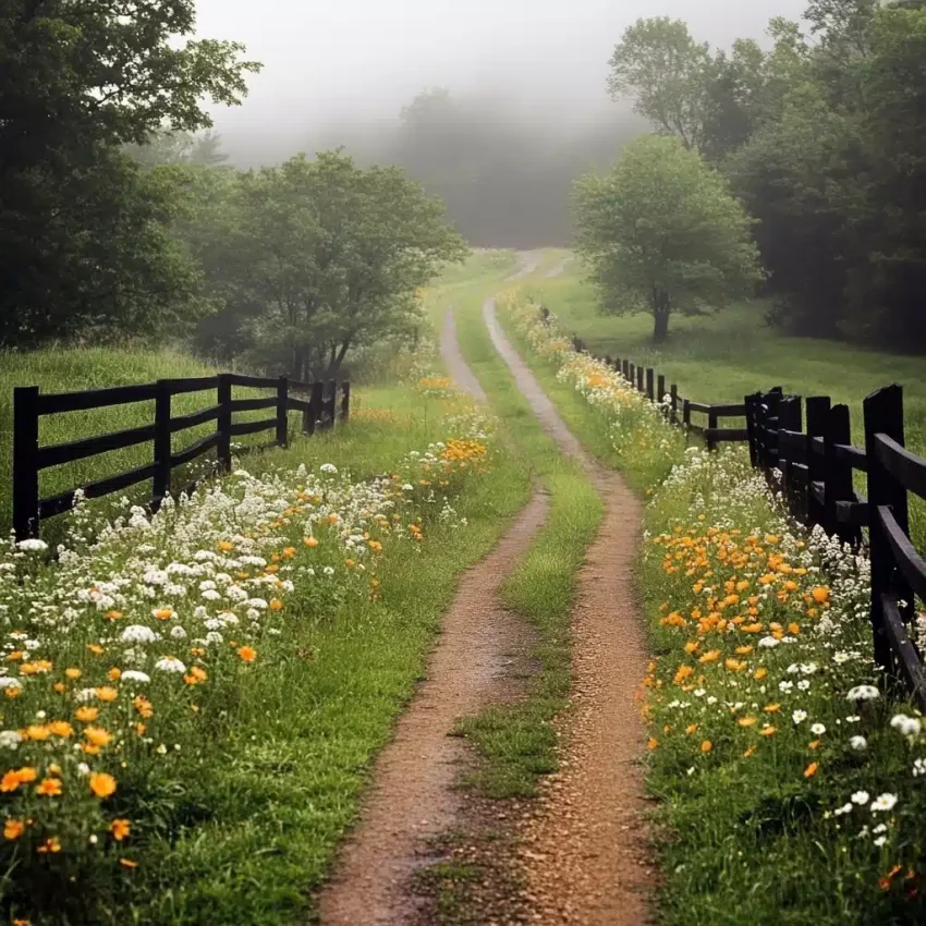 A country road leading into the distance, surrounded by wildflowers and green trees on both sides, w
