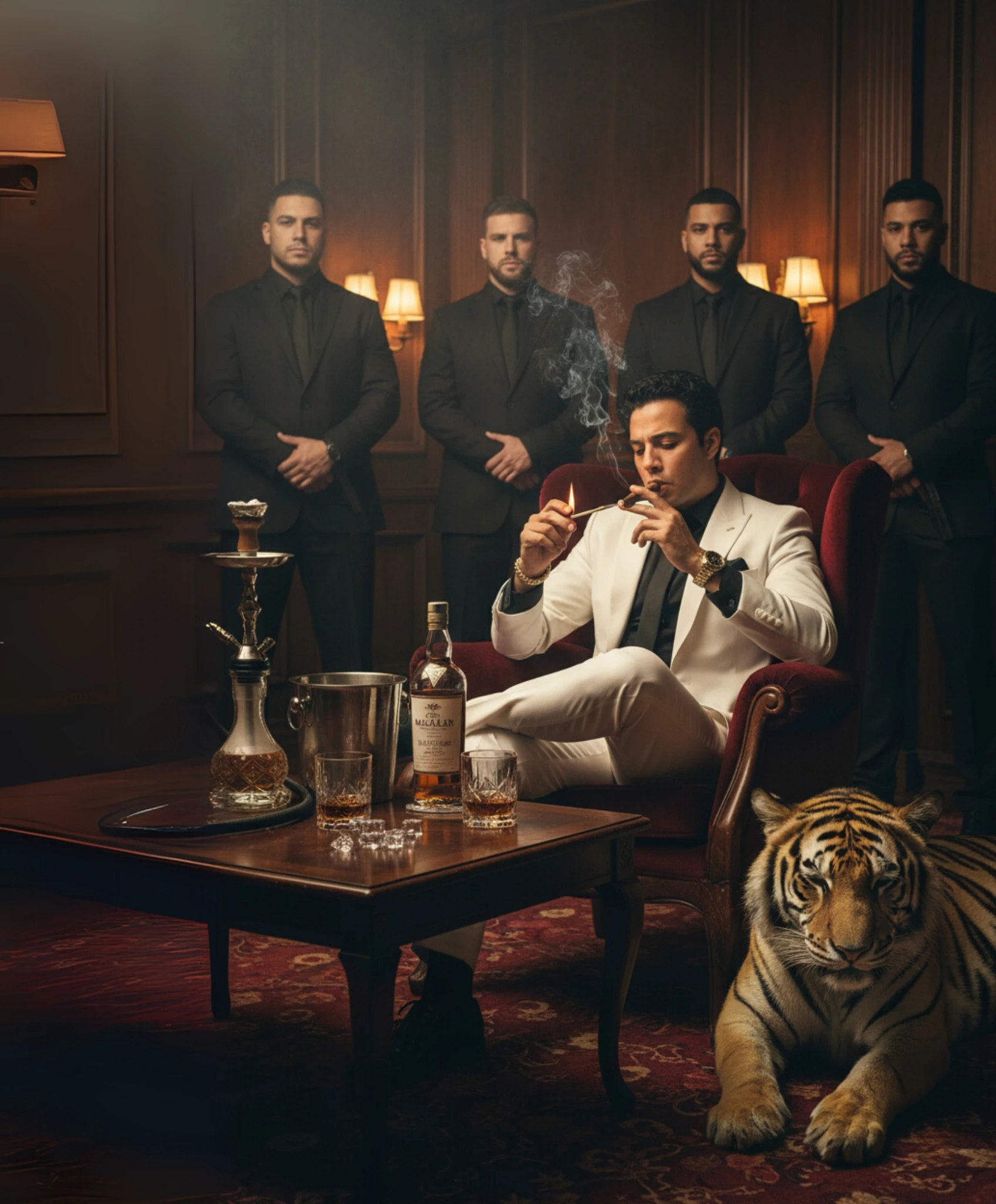 A stylish man in a White modern suit with gold watch and bracelet, sitting in a luxurious lounge. He