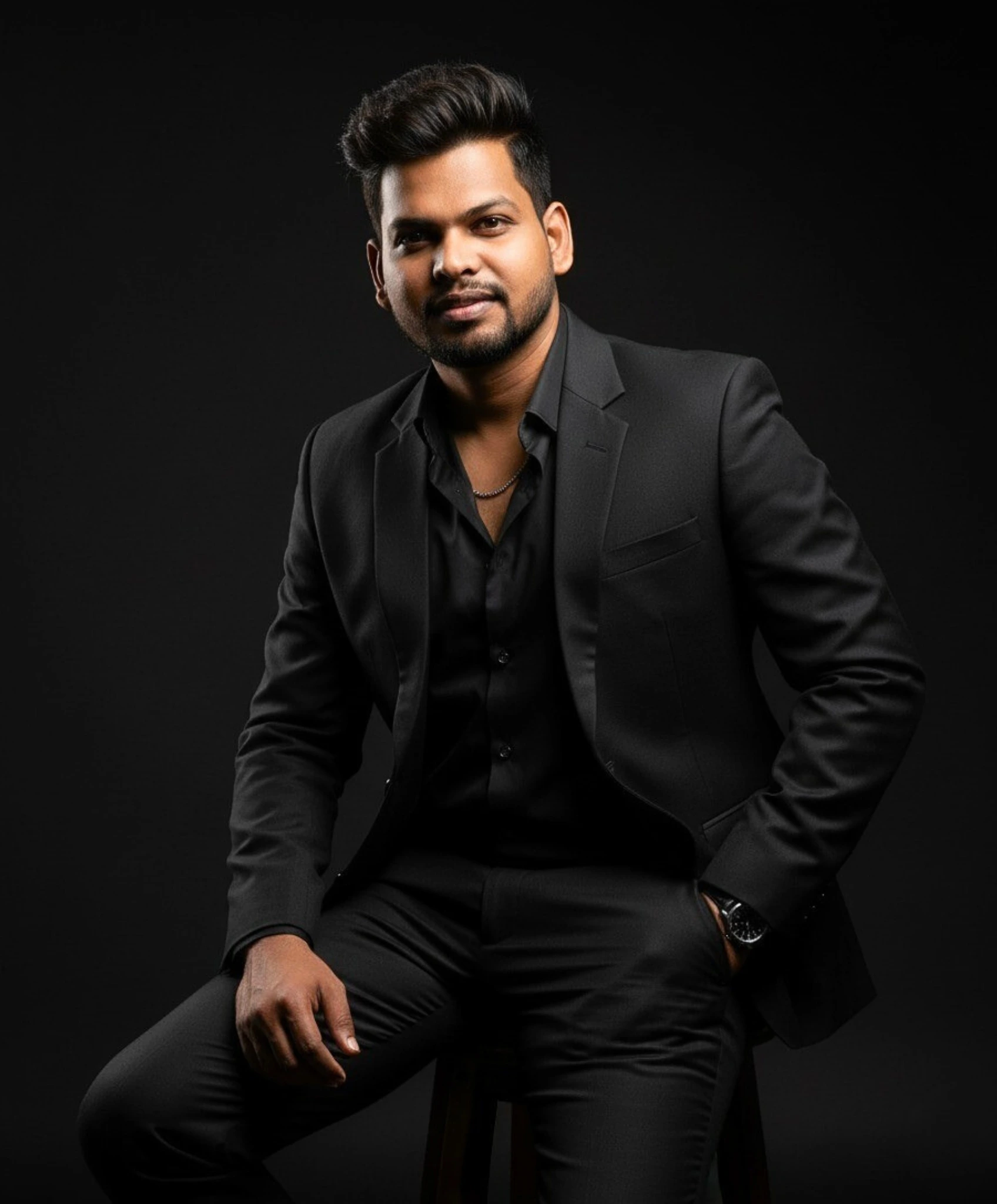 Use the uploaded photo as the subject. Portrait of a confident-looking person sitting on a wooden st
