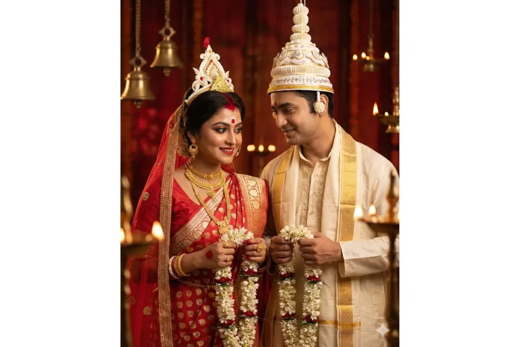 Bengali wedding portrait, bride and groom facing each other with shy tender smil — Google Gemini AI Prompt
