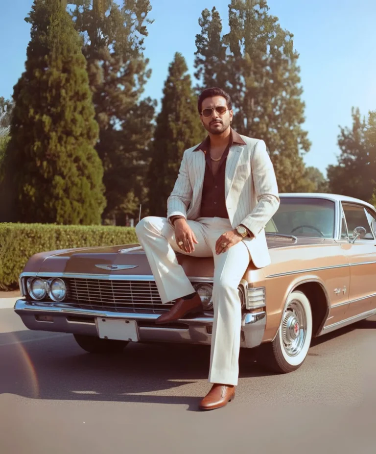 Create a vintage 1970s Bollywood-inspired photograph of a stylish men sitting casually on the hood o