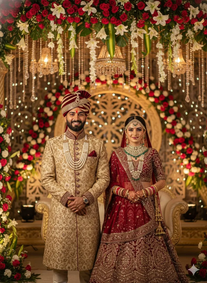 Ultra-realistic, cinematic full-body portrait of a young Indian groom and bride in full, heavy weddi