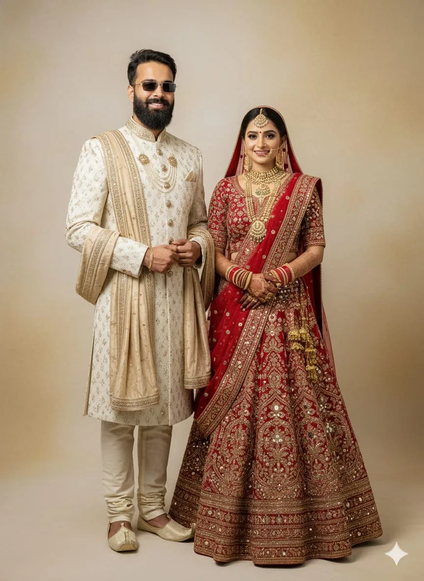 Full- hyper-detailed studio portrait of a newly married young couple, realistic glowing faces, soft 