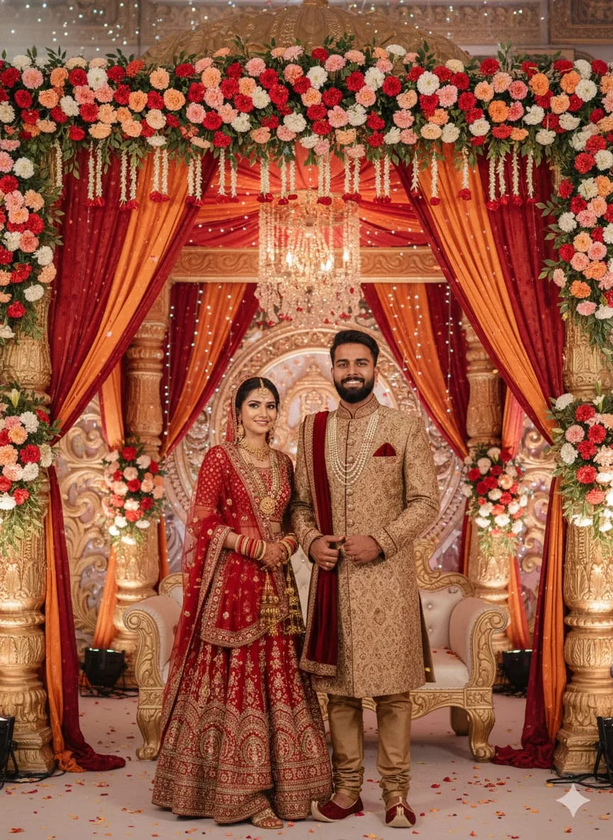 Young couple standing together under a beautifully decorated Hindu mandap on a wedding stage. Both a
